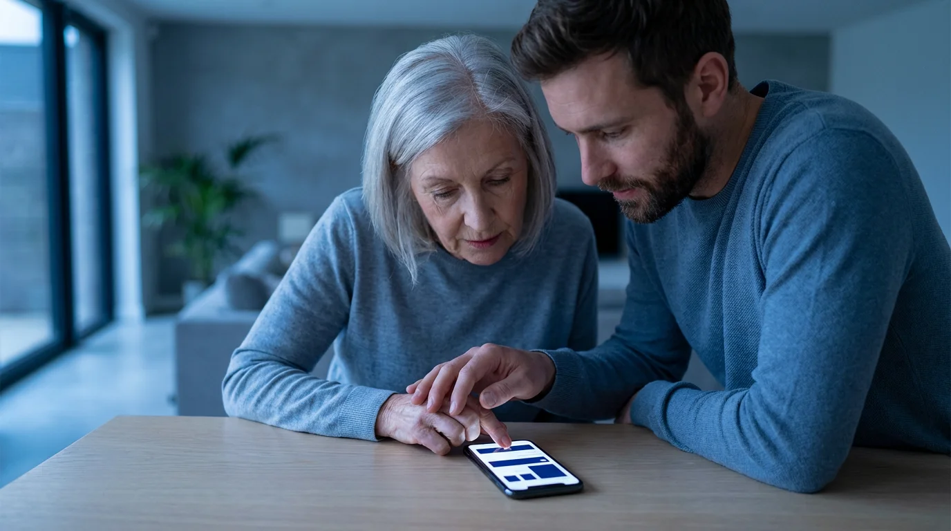 Older person receiving patient guidance with smartphone accessibility settings from a younger adult during blue hour.