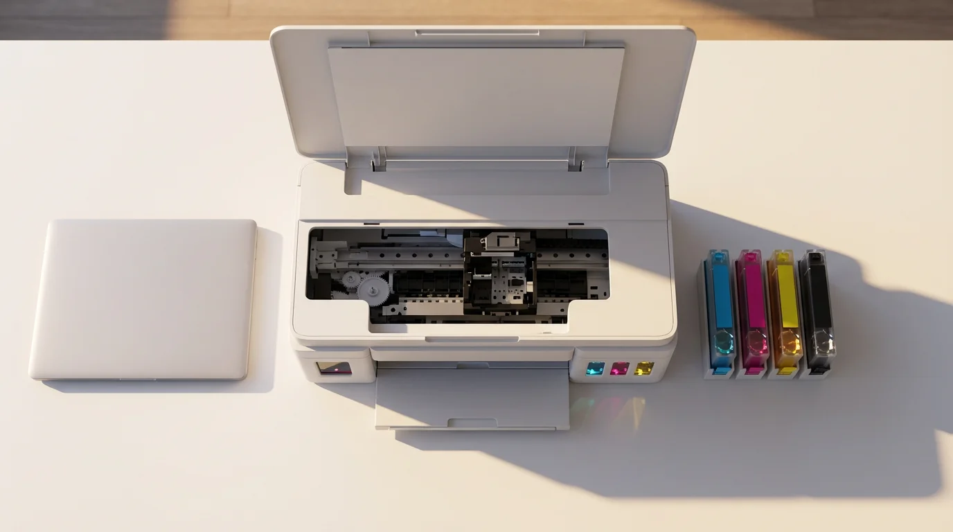 Open printer and ink cartridges on a white desk during golden hour.