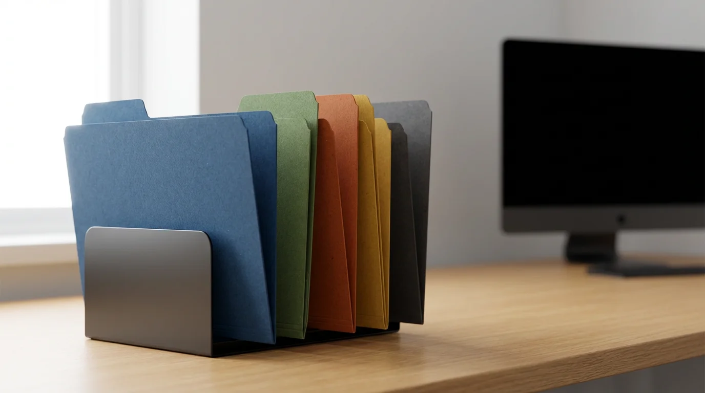 Organized physical file folders on a desk representing effective digital file management strategies.