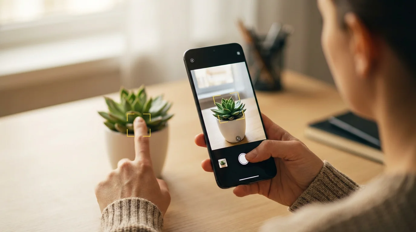 Over-the-shoulder shot of a hand tapping a smartphone screen to focus on an off-center potted plant.