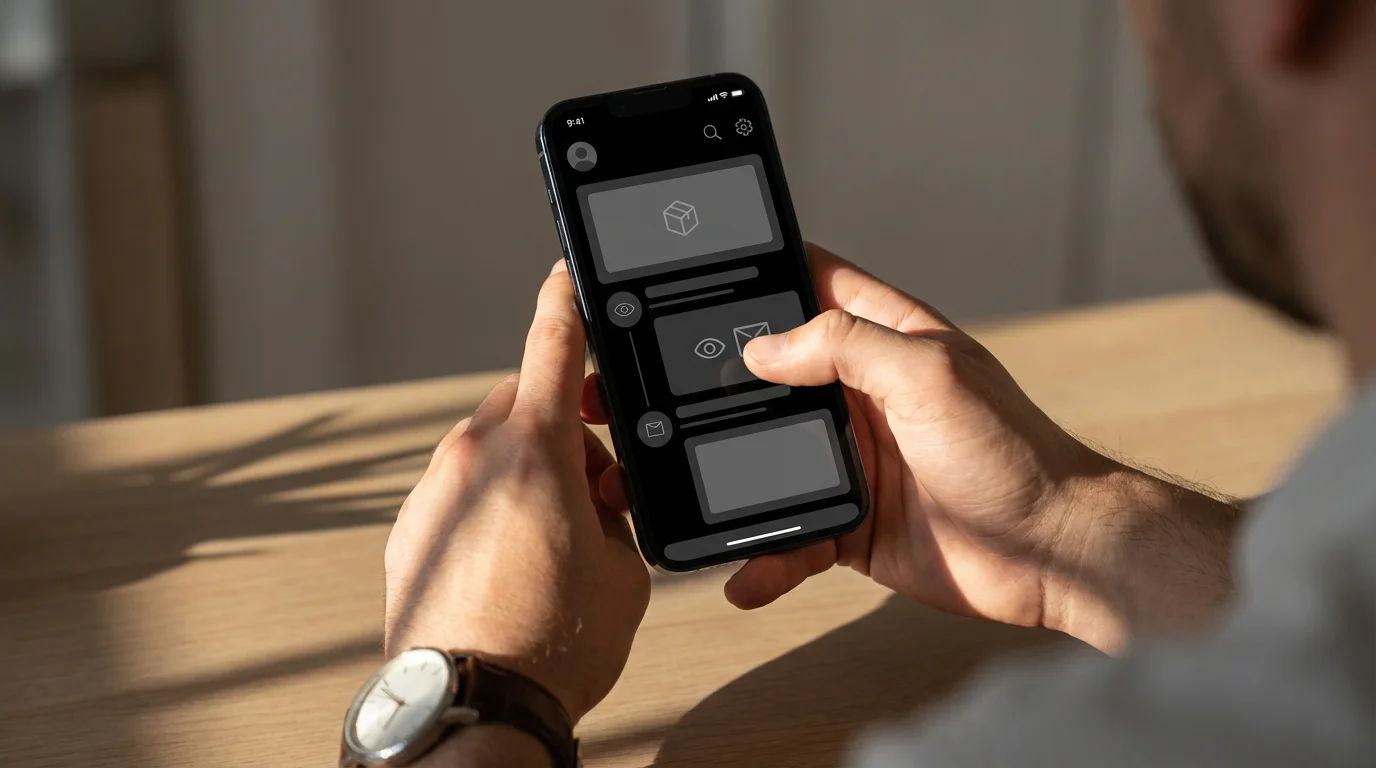 Over-the-shoulder shot of a person scrolling through phone settings in moody afternoon light.