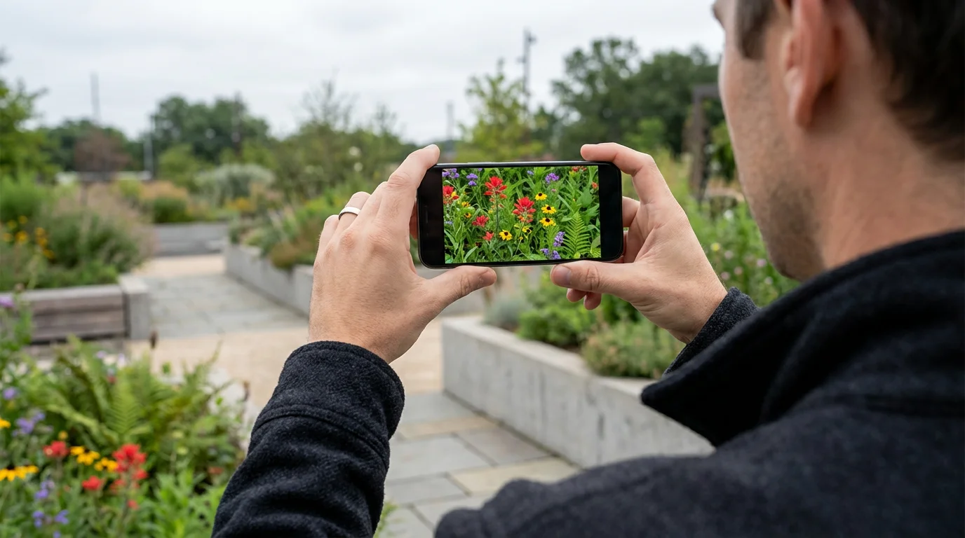Over-the-shoulder shot of a person steadying a smartphone to compose a photograph of an outdoor garden.
