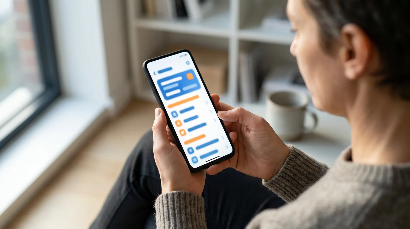 Over-the-shoulder shot of hands adjusting accessibility settings on a smartphone screen for larger text.
