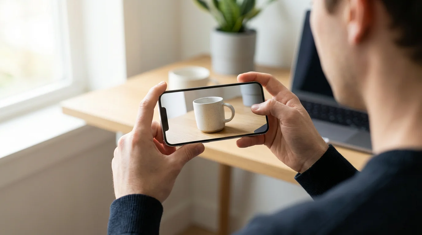 Over-the-shoulder shot of steady hands composing a photo on a smartphone using natural window light.