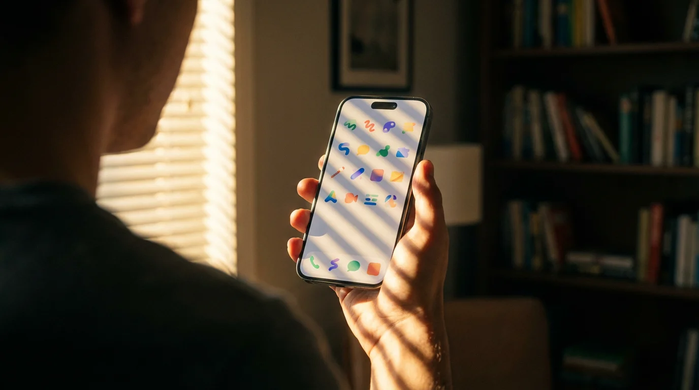 Over-the-shoulder view of a person browsing apps on an iPhone screen.