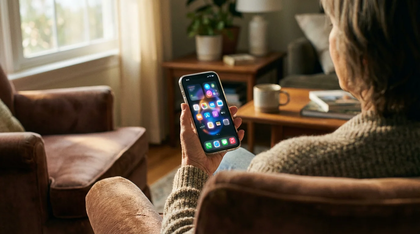 Over-the-shoulder view of a person holding an iPhone in a sunlit living room.
