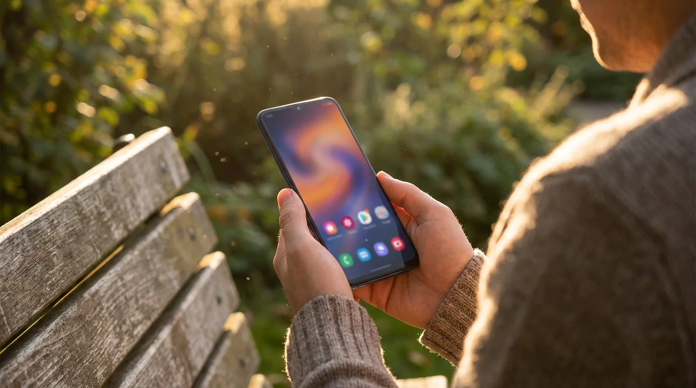 Over-the-shoulder view of a person holding an Android phone outdoors during golden hour.