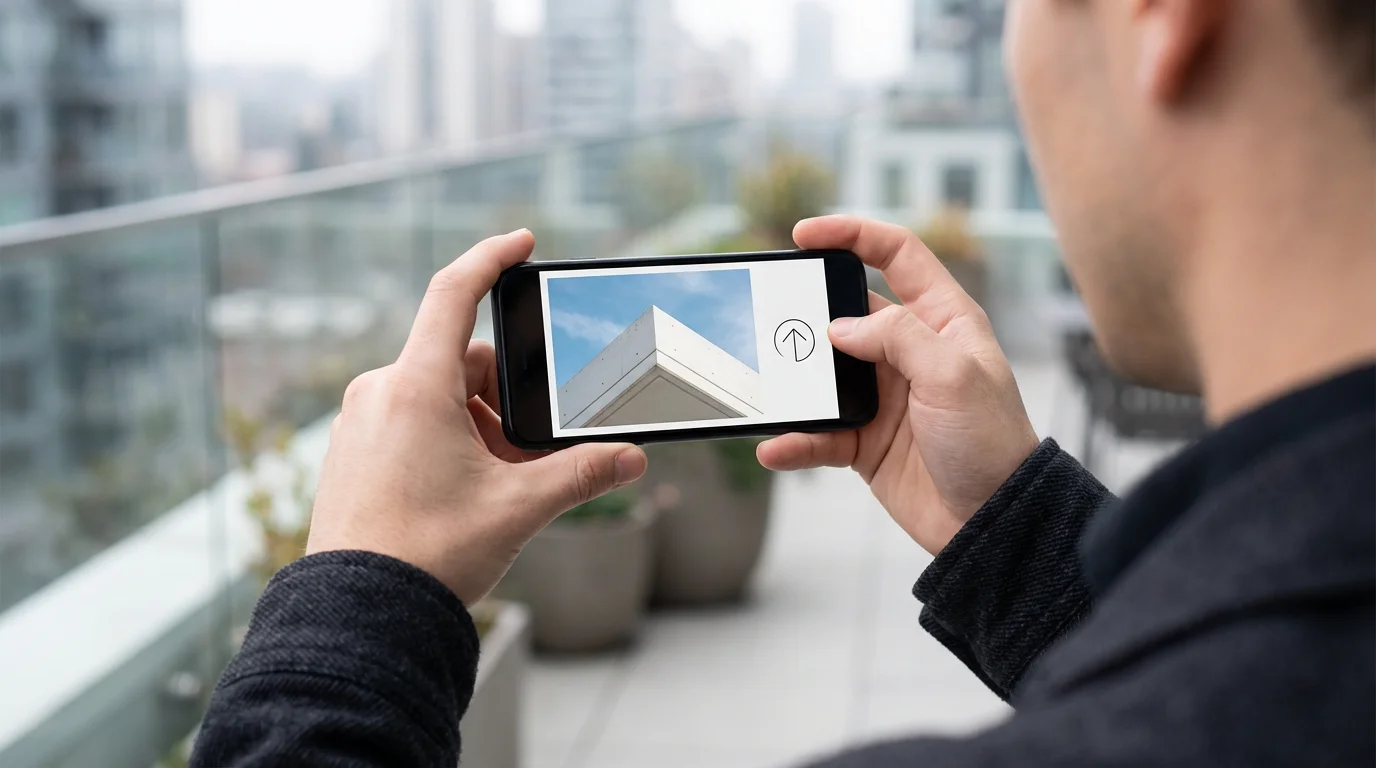 Over-the-shoulder view of a person reviewing a high-quality photo on a smartphone screen, ready to share.