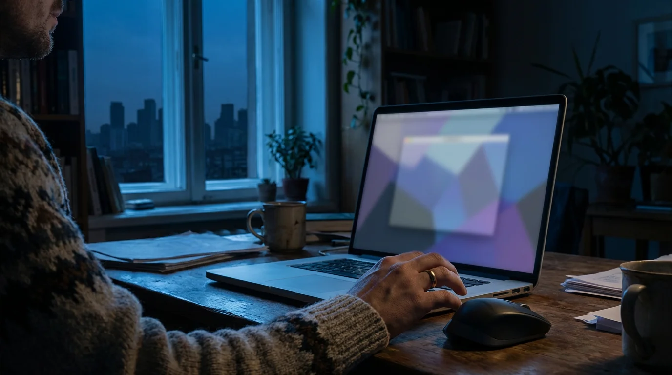 Over-the-shoulder view of a person using a laptop at a desk during blue hour twilight.