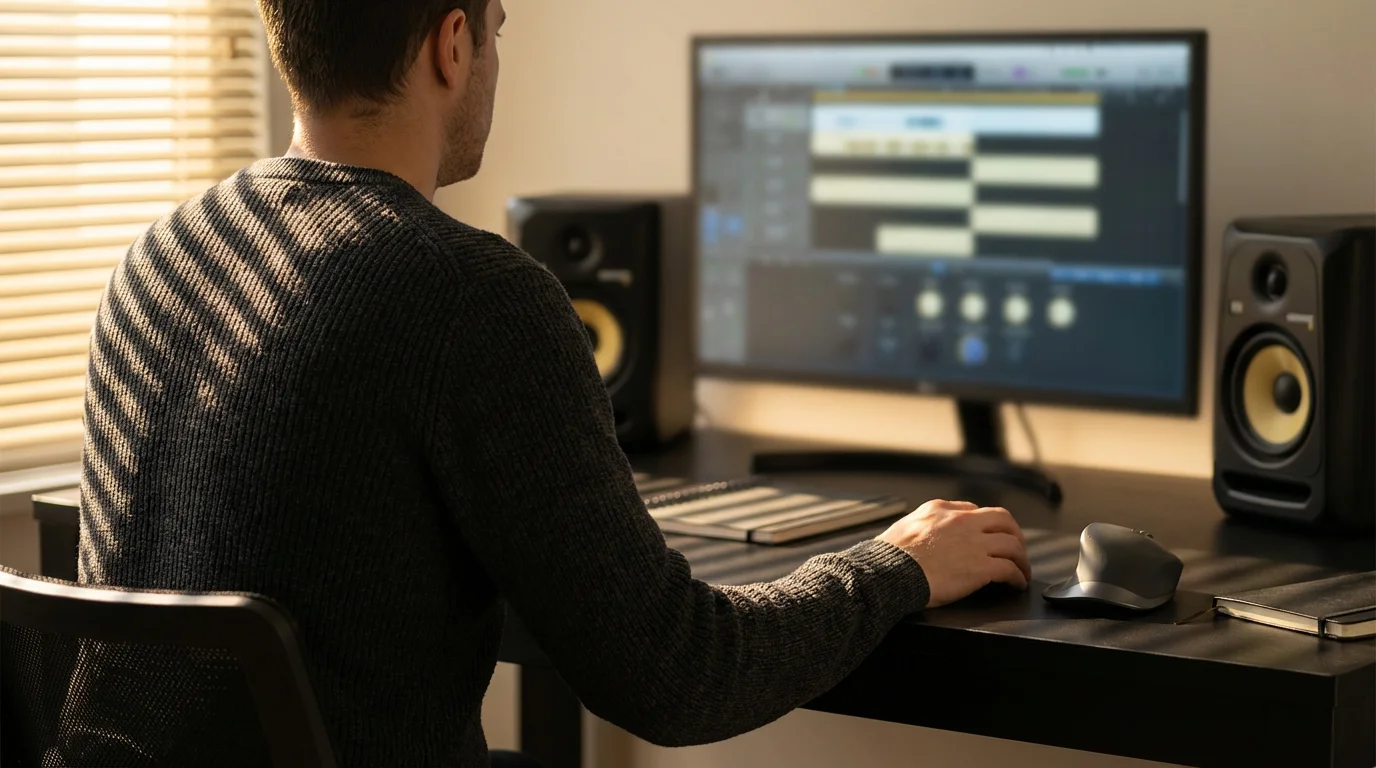Over-the-shoulder view of a person using a computer mouse at a desk with speakers.