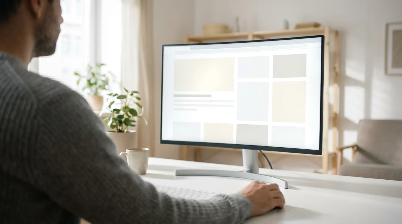 Over-the-shoulder view of a person using a desktop computer in a bright home office.