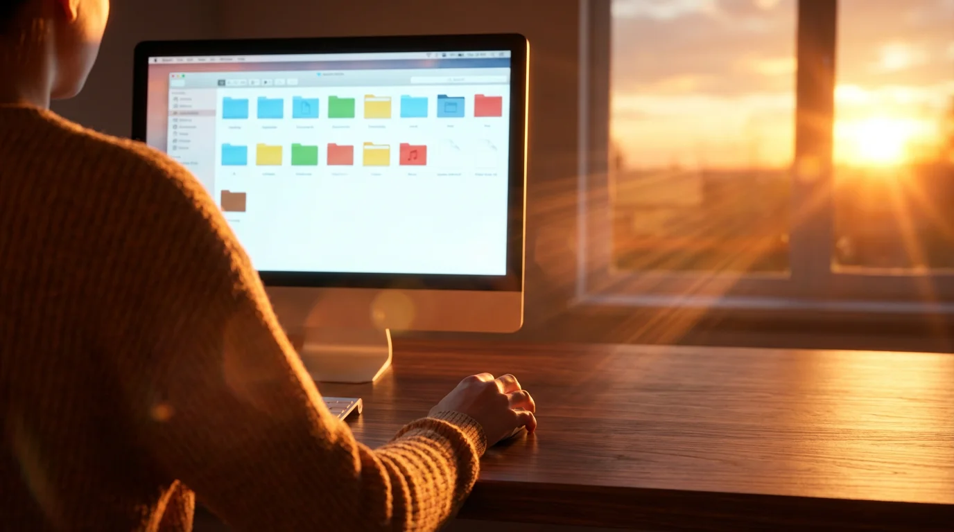 Over-the-shoulder view of a person using a mouse to organize files during sunset