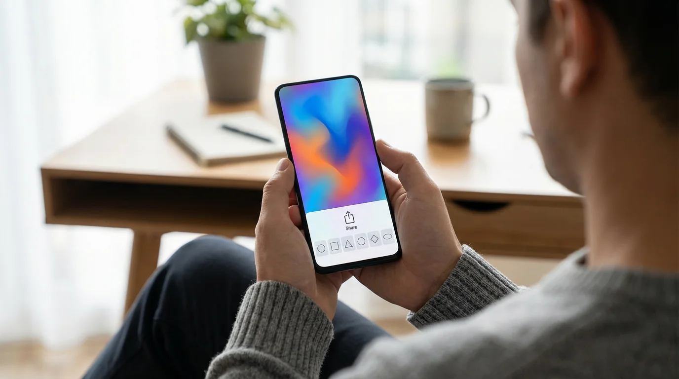 Over-the-shoulder view of a person using a smartphone to tap the abstract share icon.