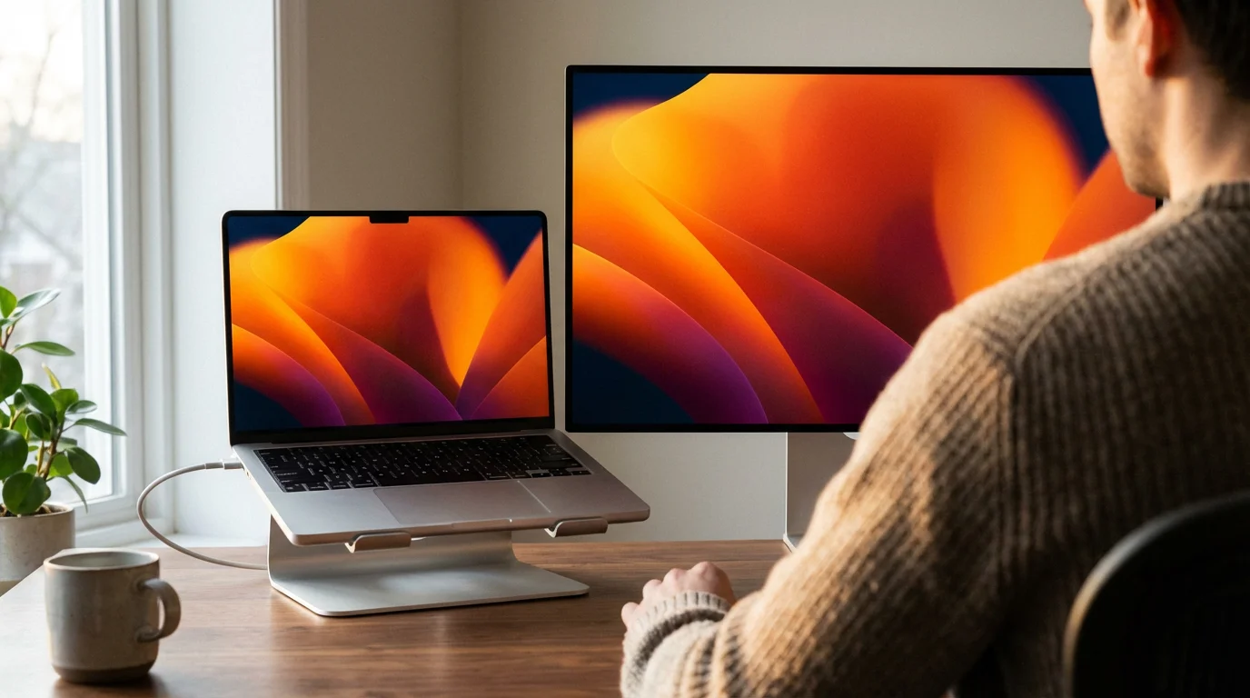Over-the-shoulder view of a person using a dual-monitor laptop setup in morning light.