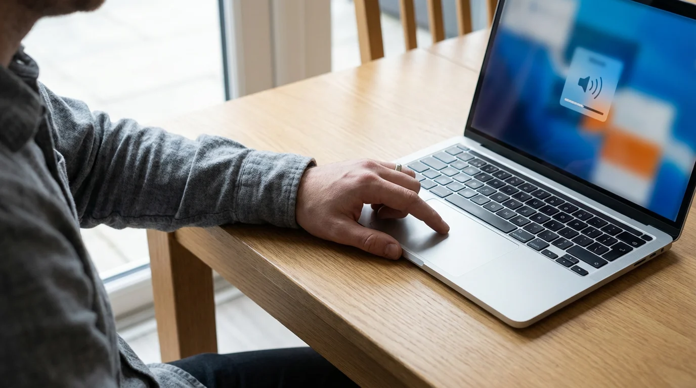 Over-the-shoulder view of a person using a Chromebook trackpad to adjust settings.