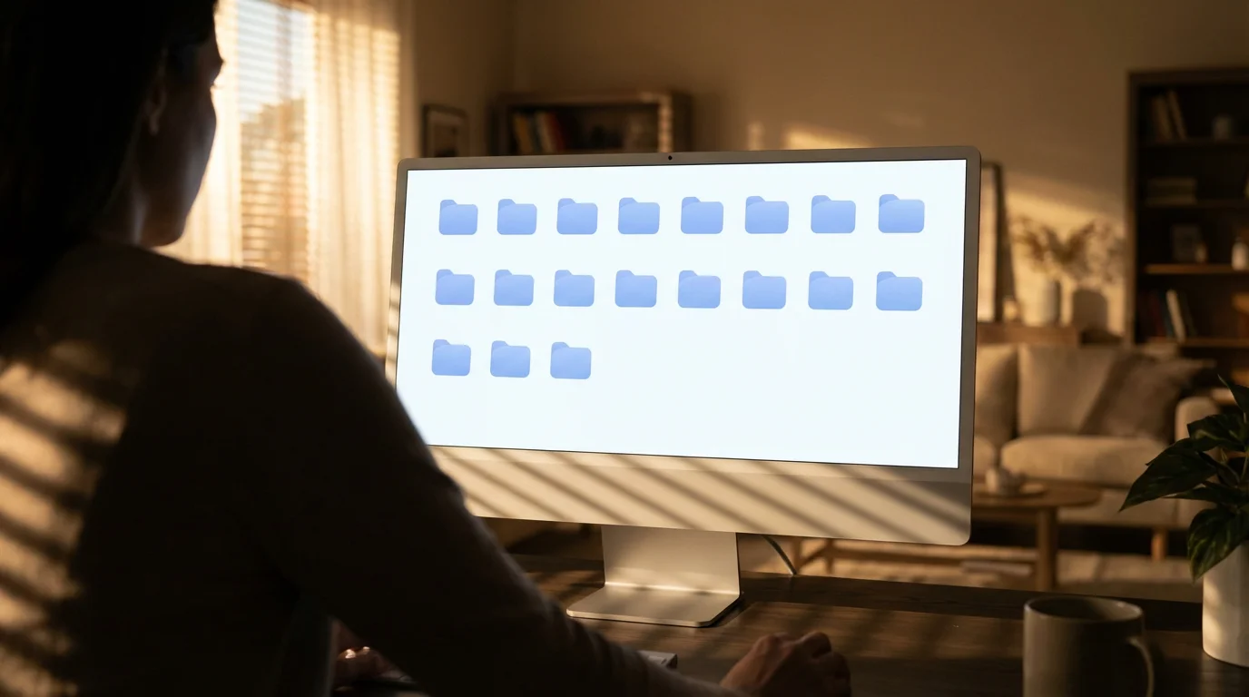 Over-the-shoulder view of a person viewing folder icons on a computer screen.