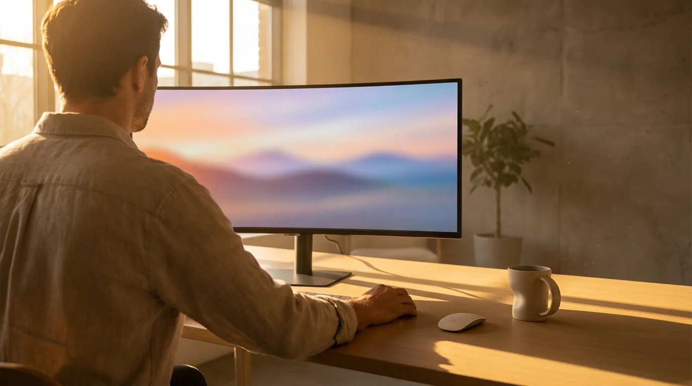 Over-the-shoulder view of a tidy computer desktop monitor bathed in warm sunset light.