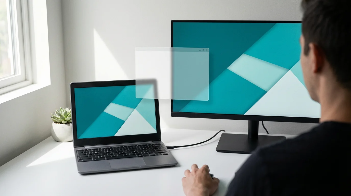 Over-the-shoulder view of Chromebook connected to external monitor extending desktop space.