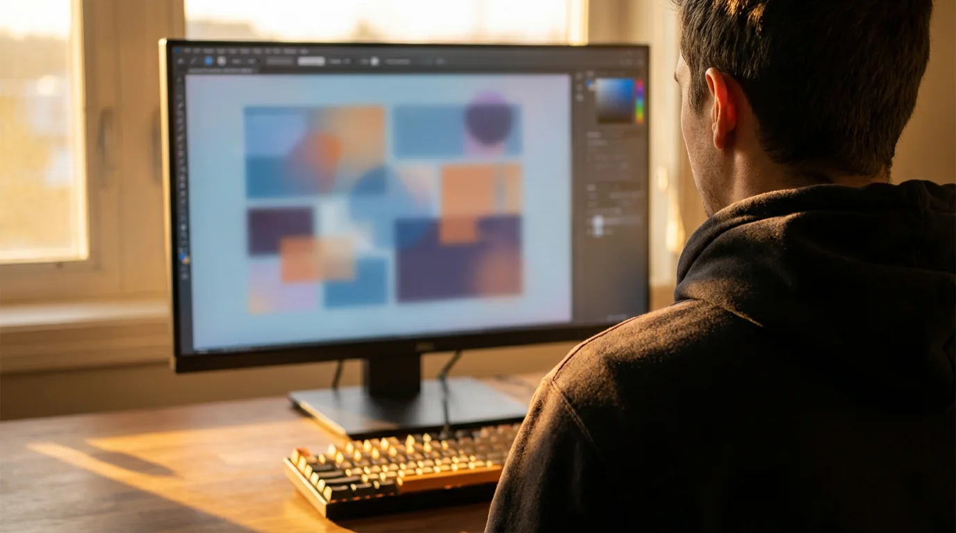 Over-the-shoulder view of person at computer desk during golden hour sunset.
