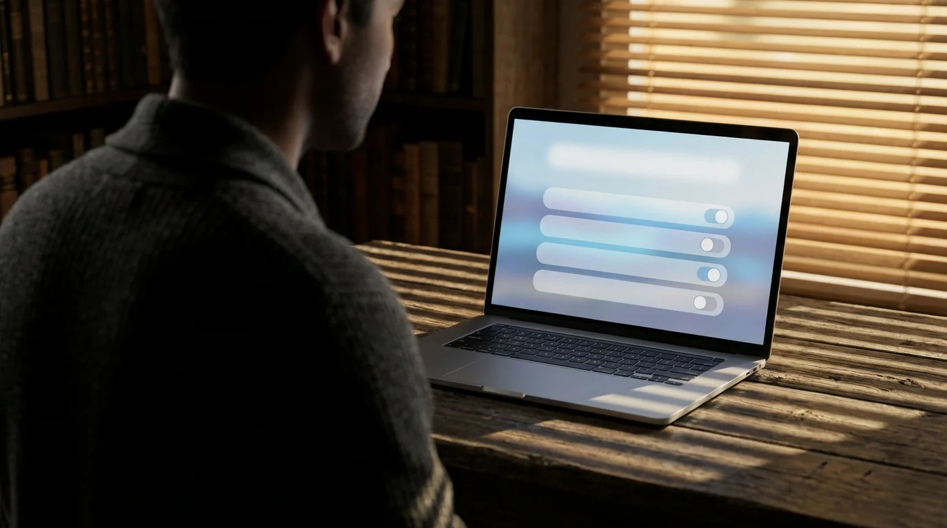 Over-the-shoulder view of person at laptop with dramatic afternoon shadows on desk.