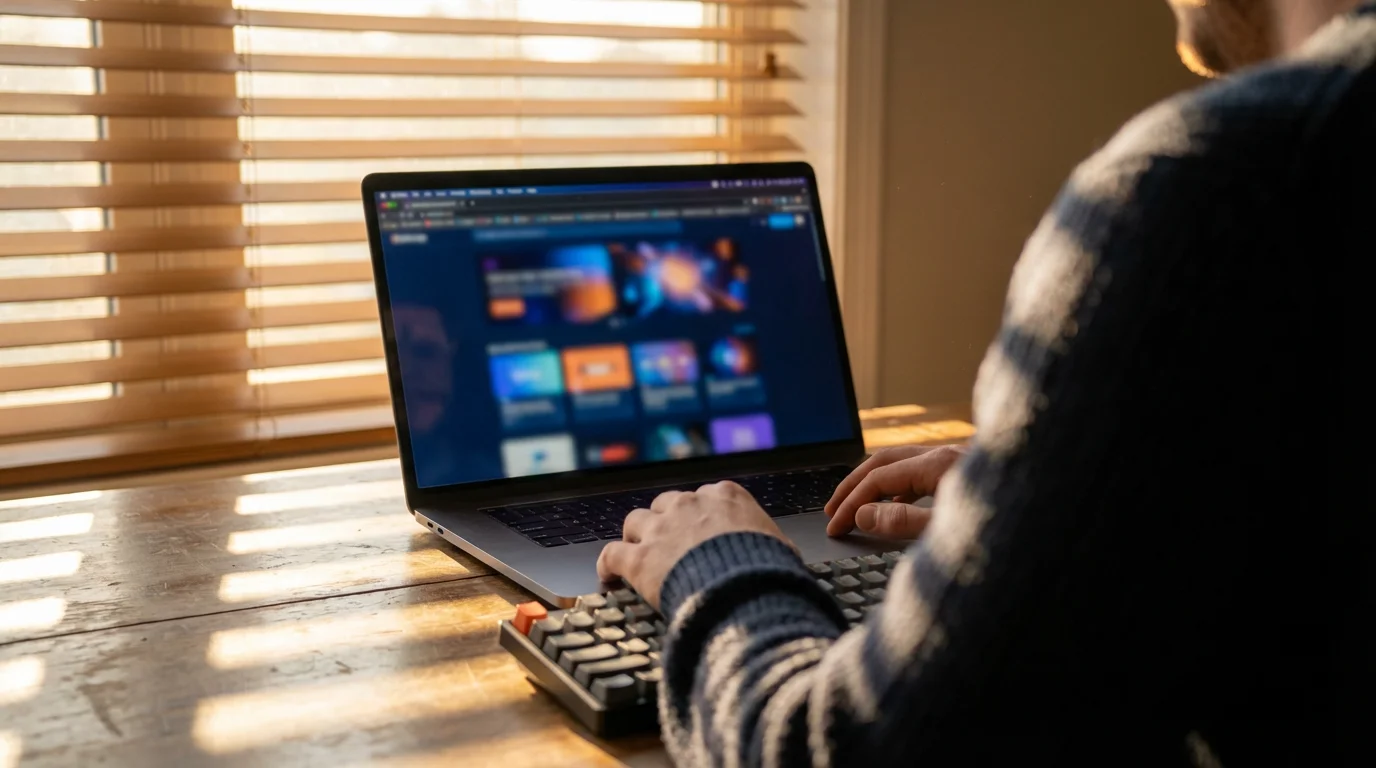 Over-the-shoulder view of person browsing laptop in moody afternoon lighting showing digital footprint concepts.