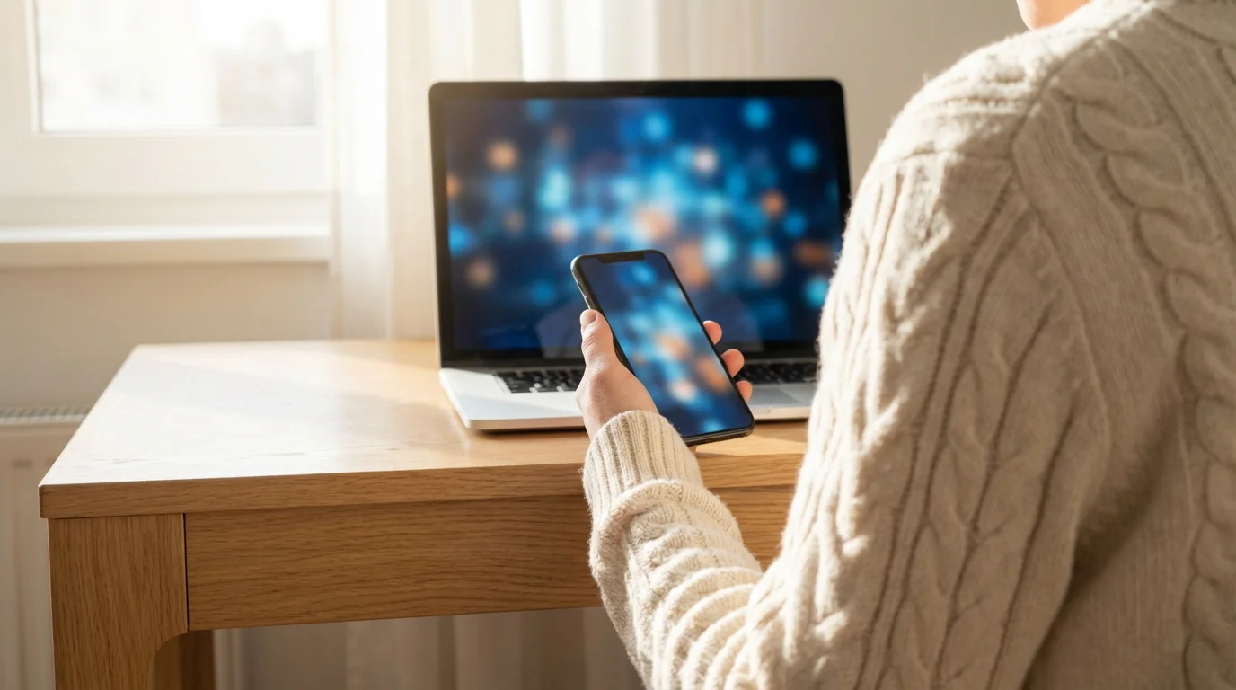 Over-the-shoulder view of person checking phone for security code near laptop.