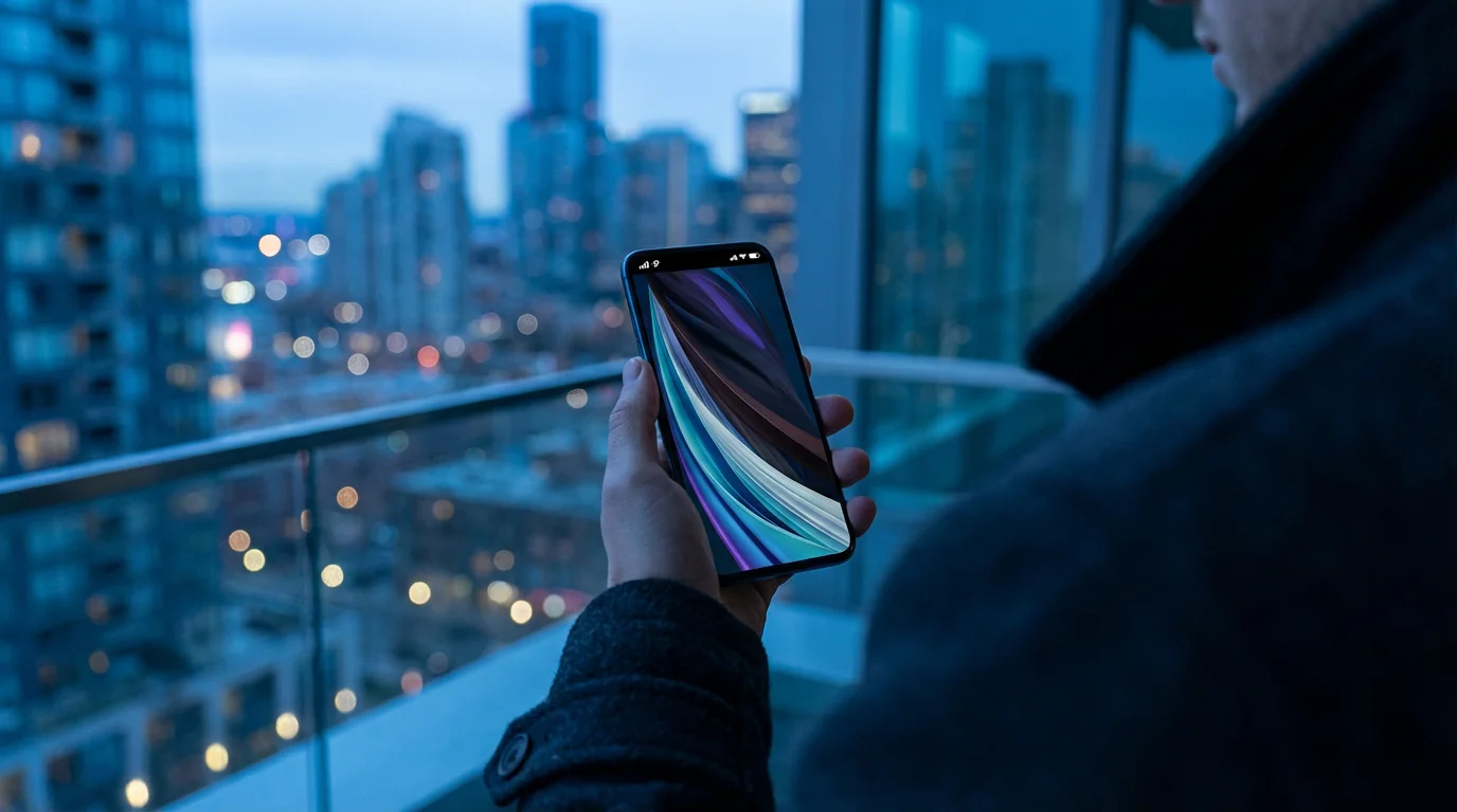 Over-the-shoulder view of person checking iPhone status bar on a balcony at twilight.