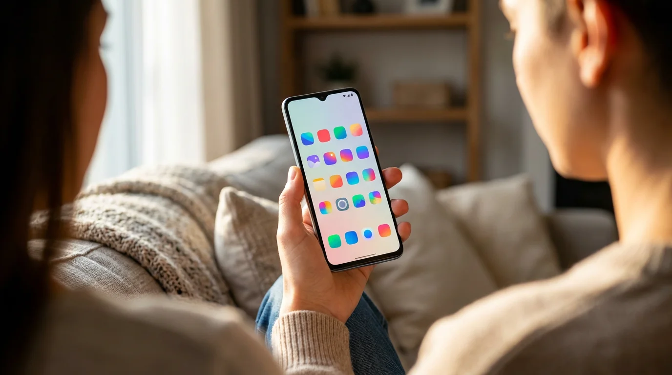 Over-the-shoulder view of person holding smartphone with organized icon grid in natural light.