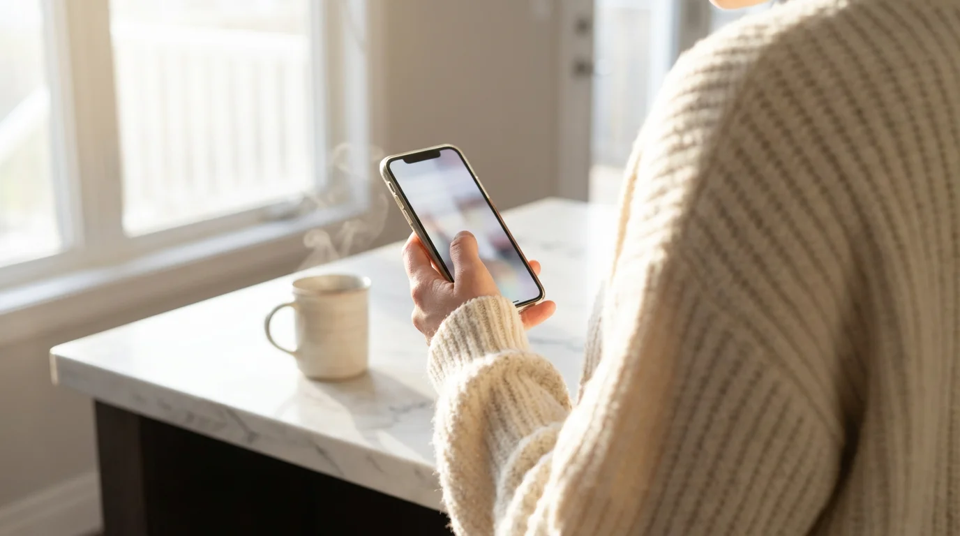 Over-the-shoulder view of person looking at phone in a sunlit kitchen.