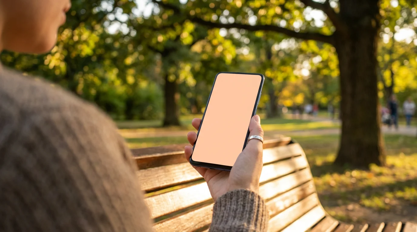 Over-the-shoulder view of person looking at smartphone screen outdoors during sunset.