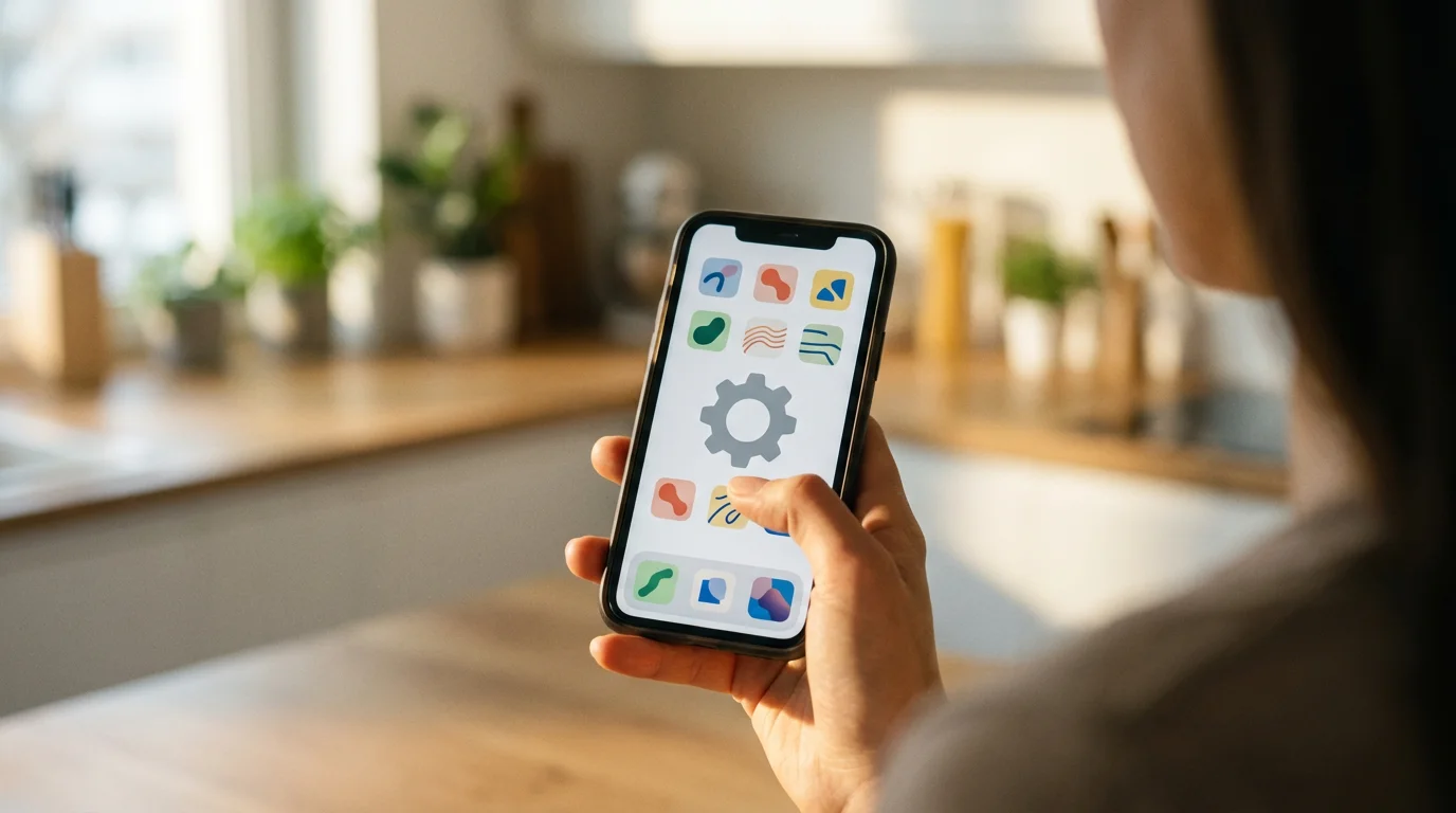 Over-the-shoulder view of person looking at smartphone screen icons in soft morning light.