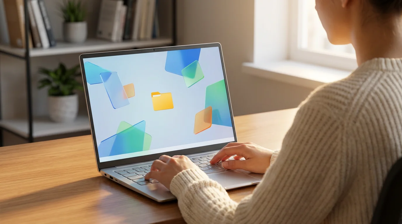 Over-the-shoulder view of person organizing files on laptop screen in morning light.