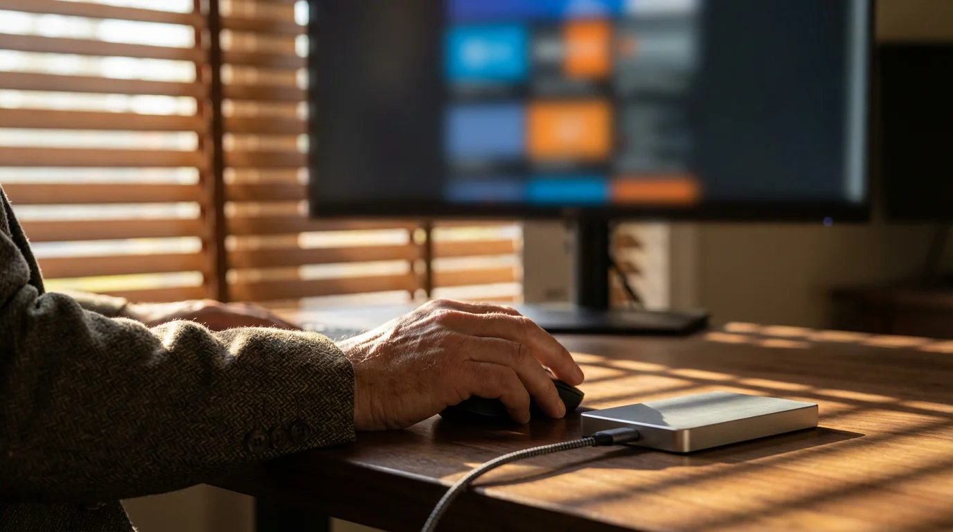 Over-the-shoulder view of person organizing files on external hard drive during afternoon.