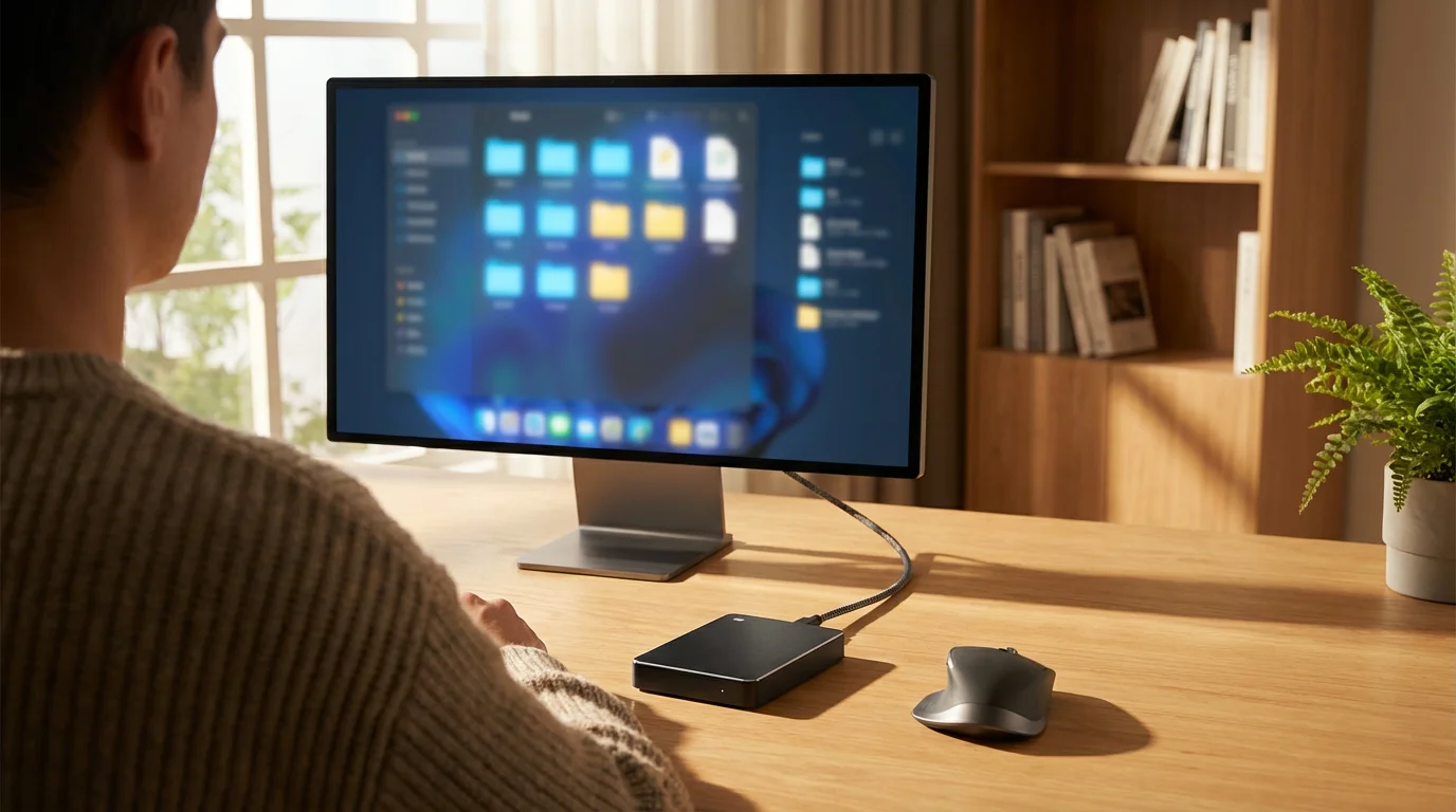 Over-the-shoulder view of person using computer to check external hard drive connection.