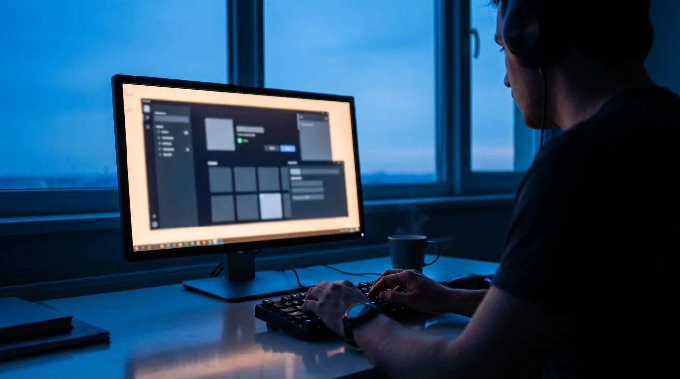 Over-the-shoulder view of person using desktop computer keyboard during evening blue hour.