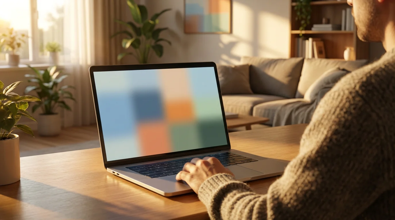 Over-the-shoulder view of person using laptop during golden hour with abstract screen content.