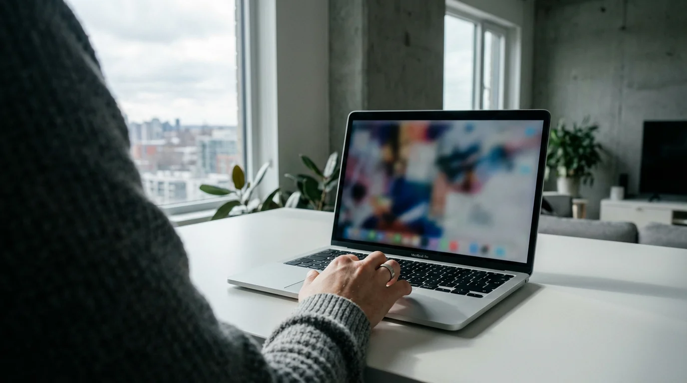 Over-the-shoulder view of person using laptop trackpad near window with overcast light.