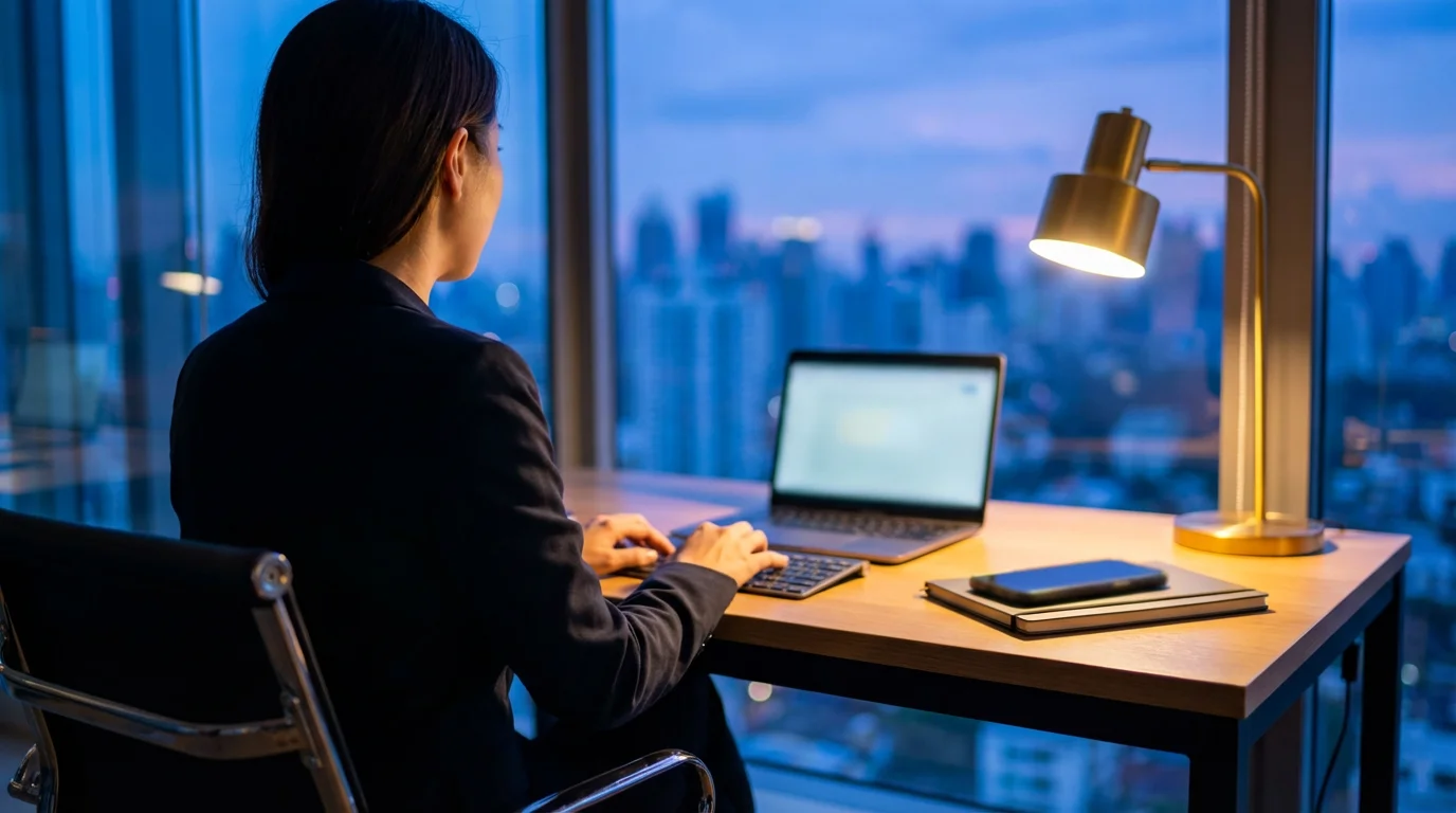 Over-the-shoulder view of person using laptop and phone at desk during blue hour evening.