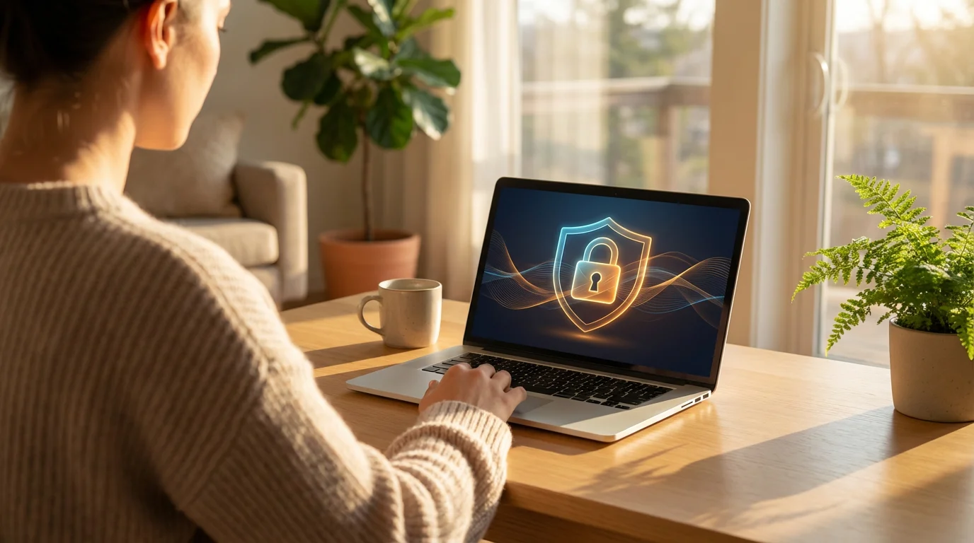 Over-the-shoulder view of person using secure laptop during golden hour sunset.