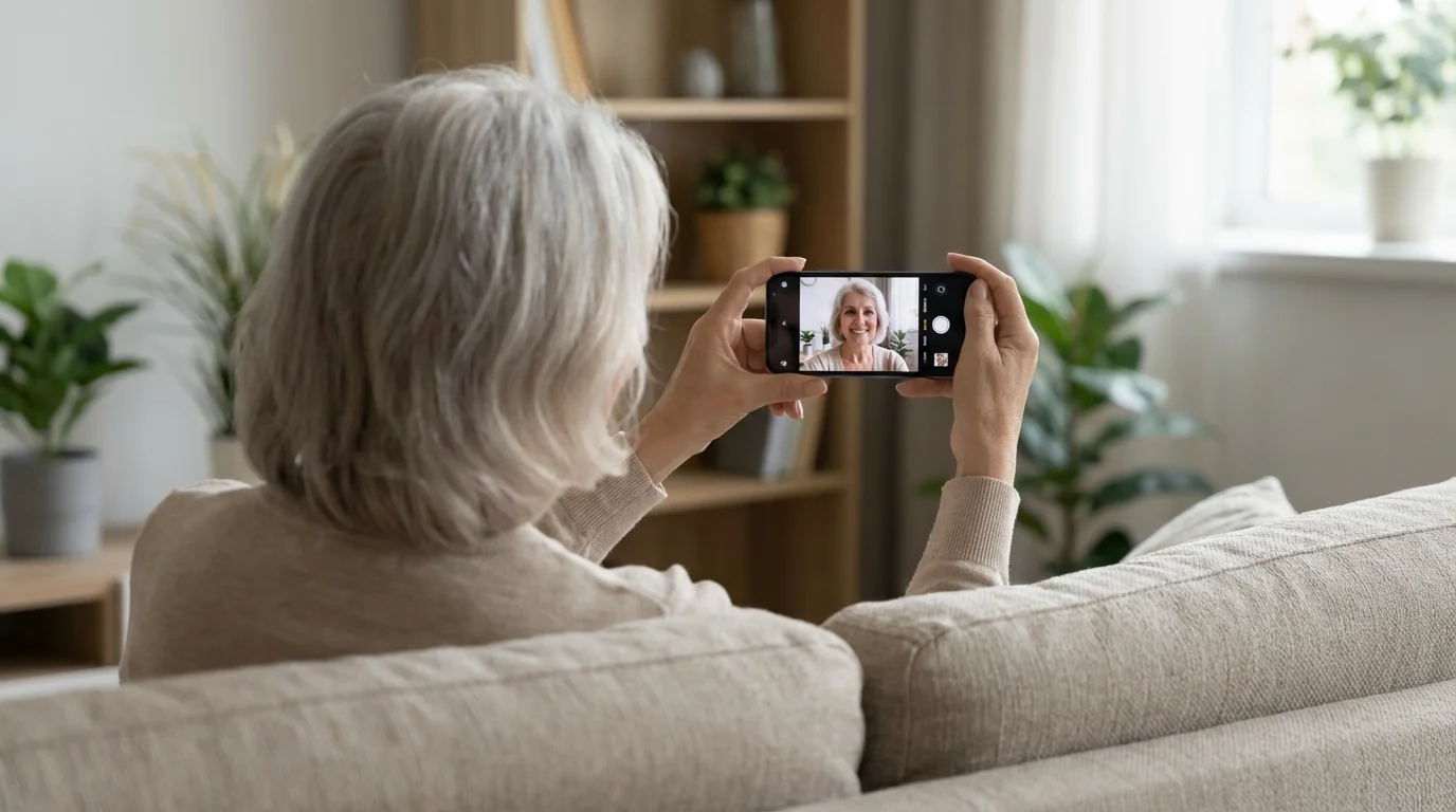 Over-the-shoulder view of senior woman holding smartphone for video call in bright living room.