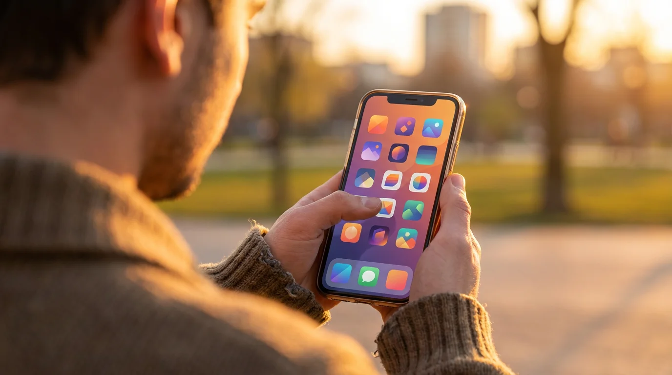 Over-the-shoulder view of someone swiping through smartphone apps during a sunset.