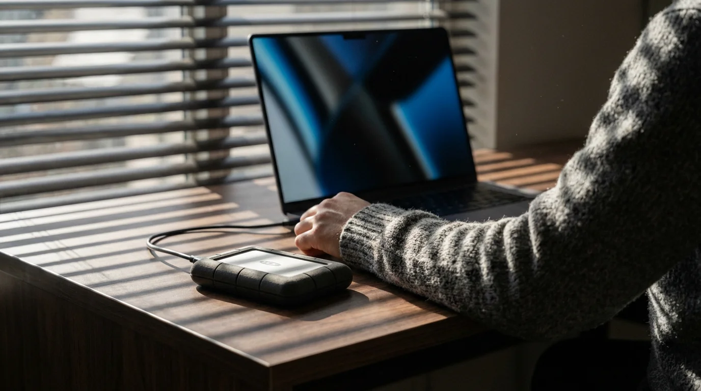 Over-the-shoulder view of user managing external hard drive backup in moody lighting.