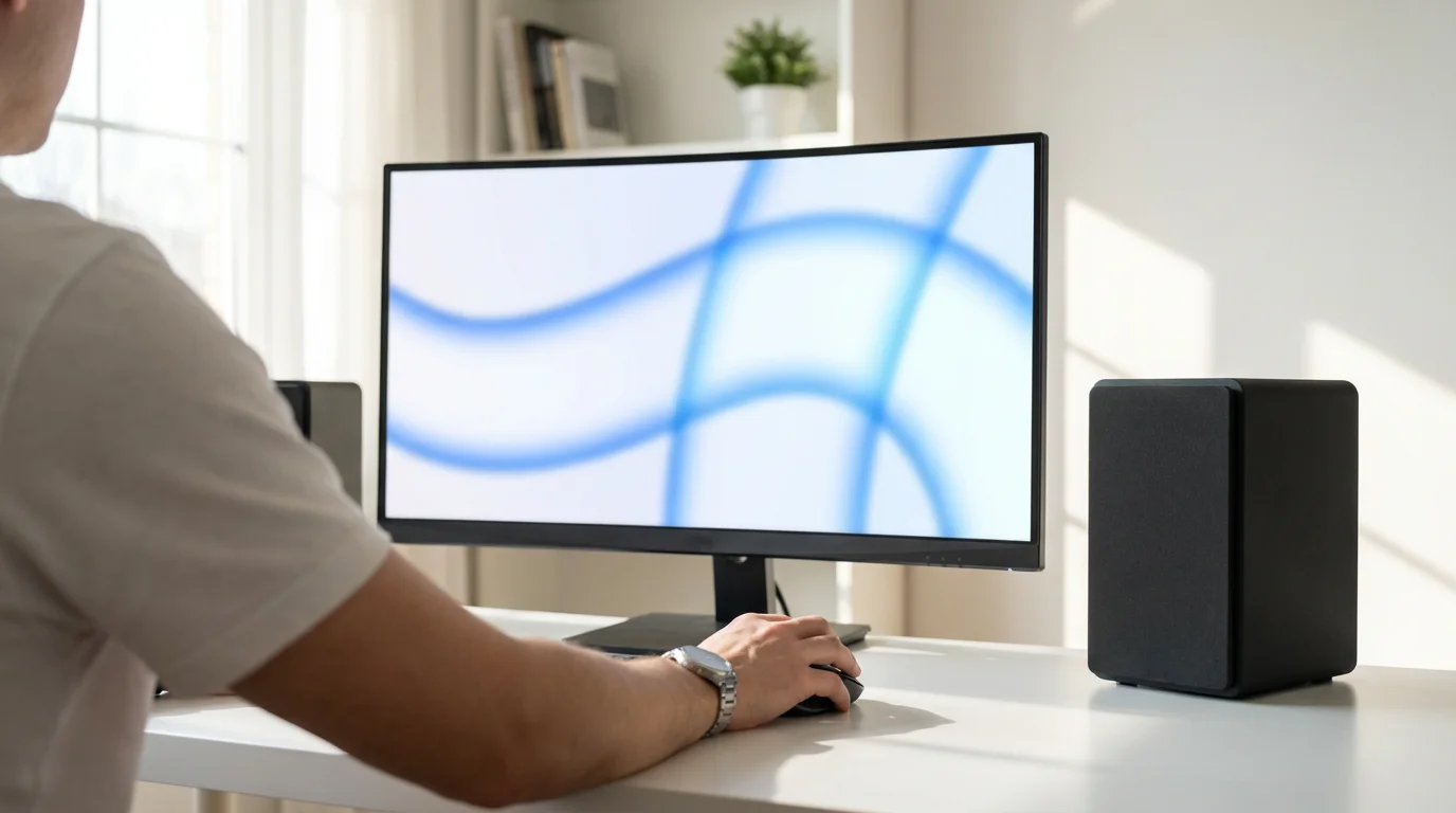 Over-the-shoulder view of user pairing a speaker on a computer screen in natural light.