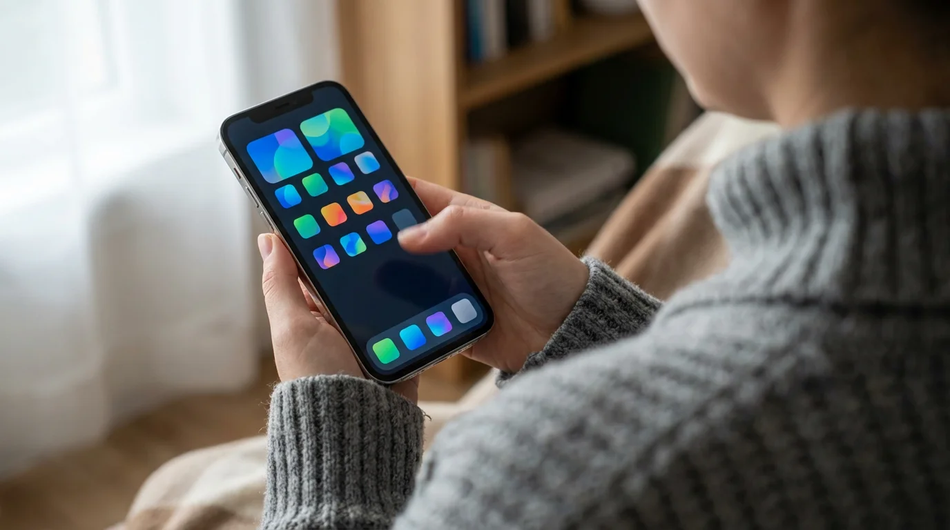 Over-the-shoulder view of user swiping up on smartphone to reveal app drawer grid.