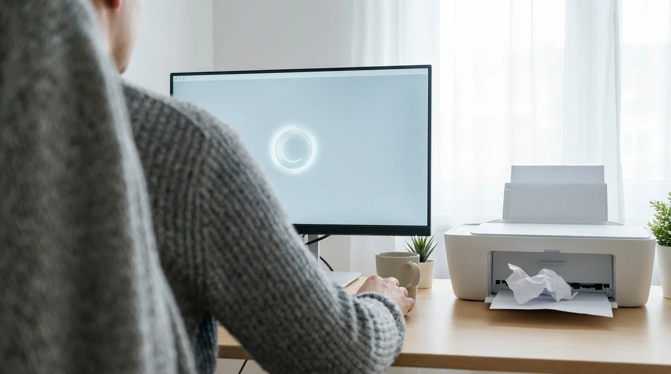 Over-the-shoulder view of user waiting at computer with printer paused mid-print.