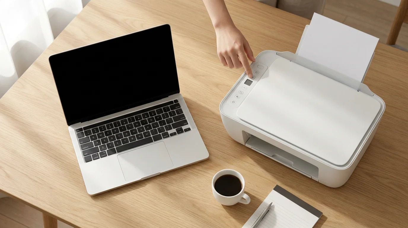 Overhead flat lay of a laptop and printer on a desk with no connecting wires.
