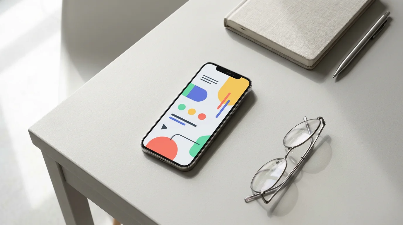 Overhead flat lay of a smartphone, reading glasses, and a notebook on a clean desk.