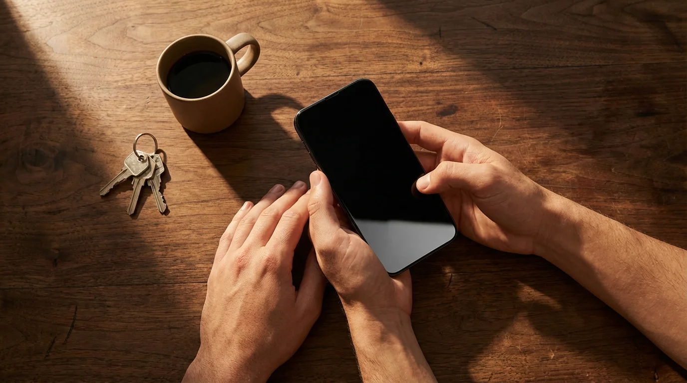 Overhead flat lay of hands holding a smartphone on a wooden table near keys and coffee