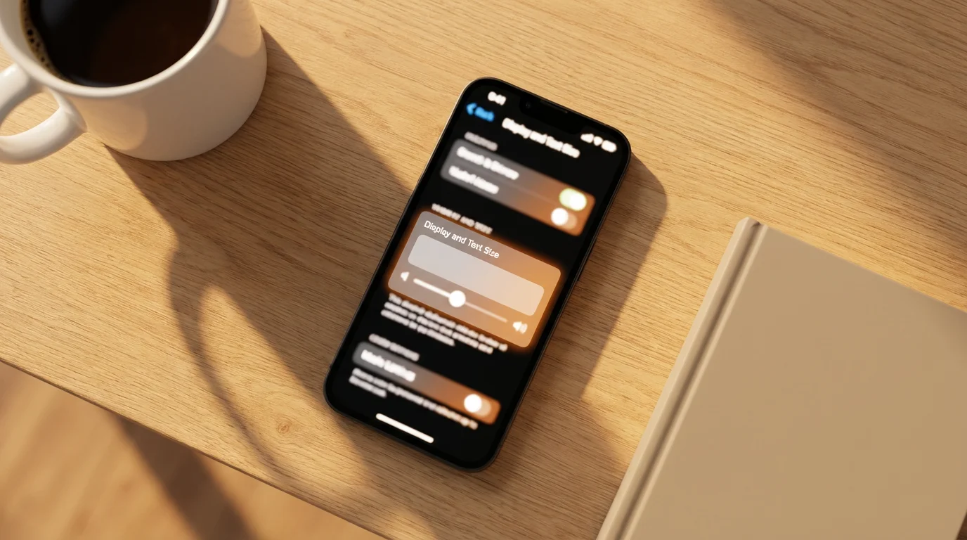 Overhead photo of a phone showing abstract display settings next to a coffee mug and a blank book.
