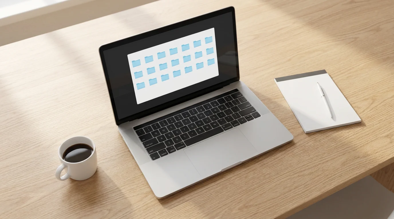 Overhead view of a laptop on a wooden desk displaying organized blue folder icons.